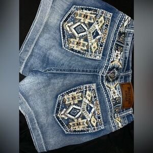Blue Denim Shorts with Gold Embroidery